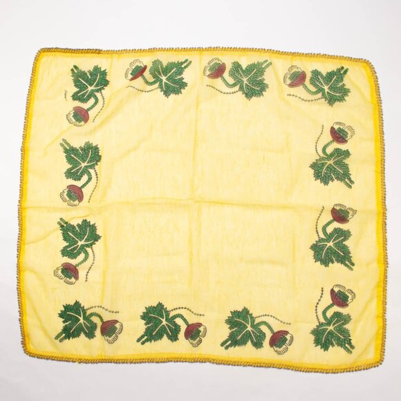 Yellow Floral Hand-Painted Embroidered Square Scarf With Beaded Trim - Picture 5 of 5
